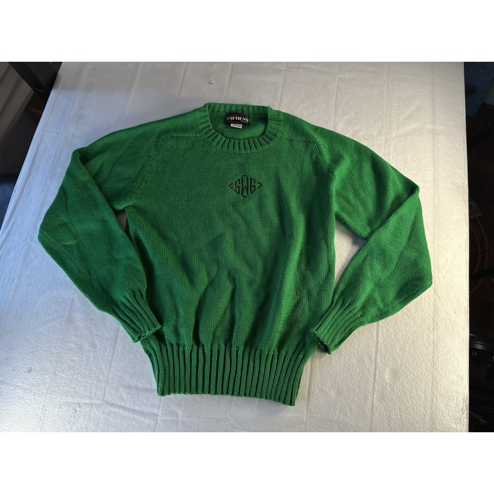 Vintage Captions Womens‎ Medium Green Monogram Sweater Crewneck Acrylic Knit